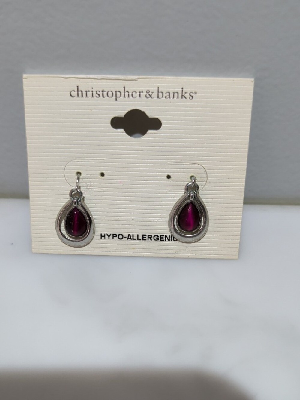 Christopher & Banks Silver Teardrop Earrings with Burgundy Center